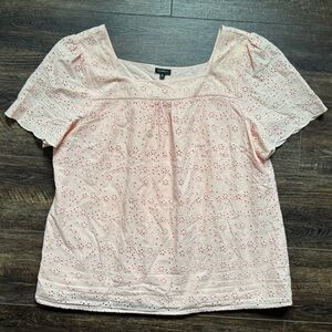 Talbots Pink Eyelet Blouse XL | 100% Cotton Short Sleeve Peasant Top
